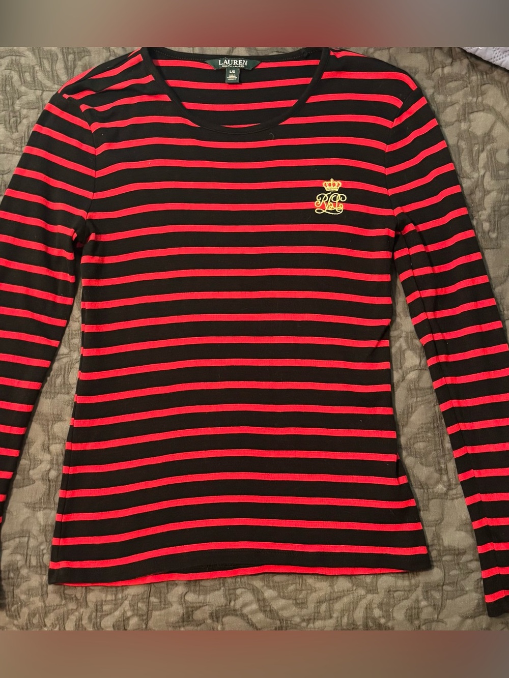 Lauren Ralph Lauren Black and Red Striped Long Sleeve Top